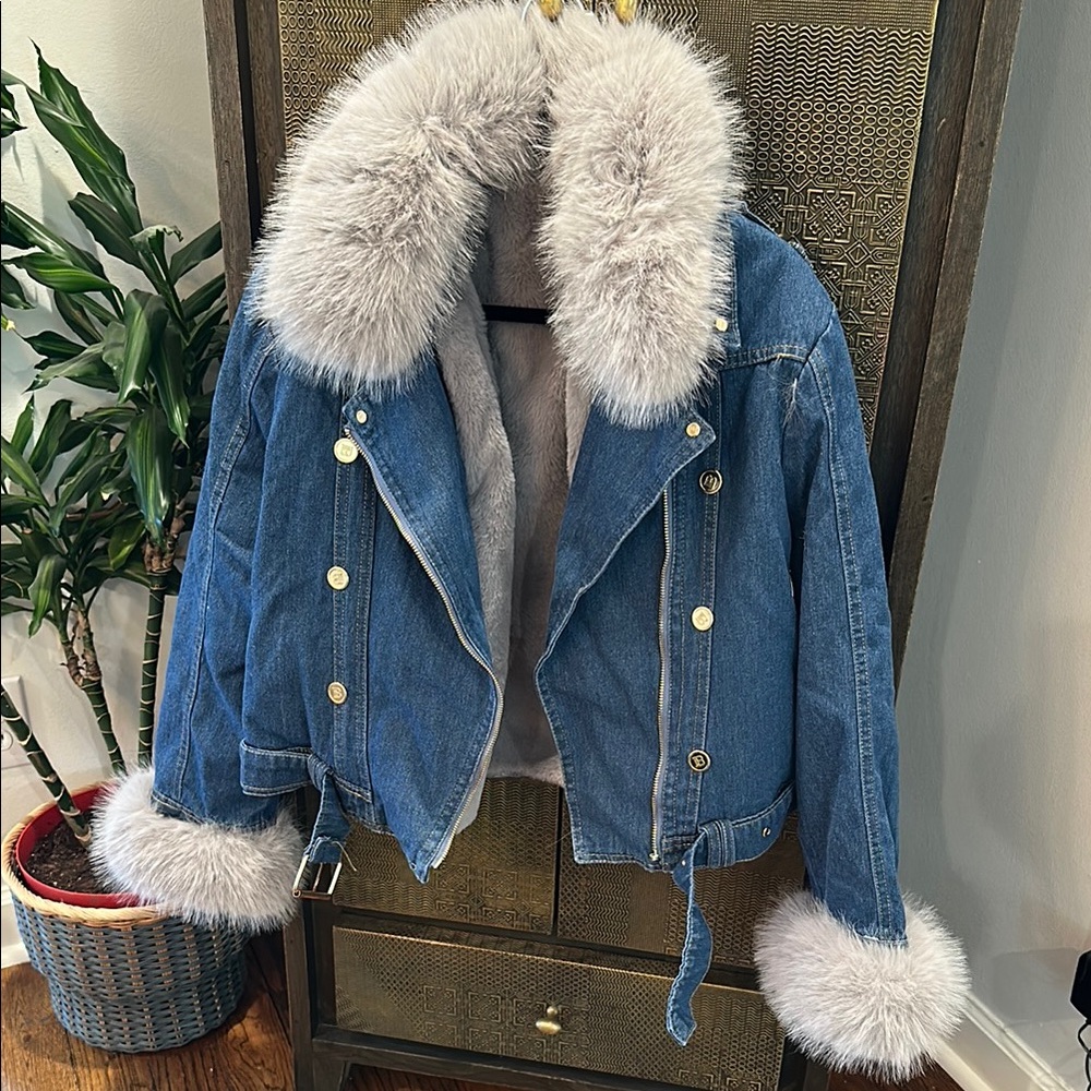Denim Jacket with Faux Fur Trim